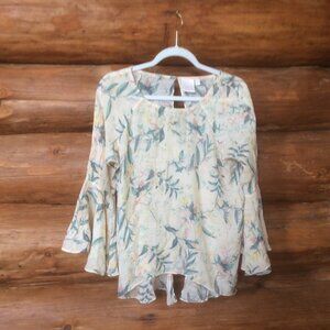 Lauren Conrad Floral Wide Bell Sleeve Boho Split Back Festival Top Size Large
